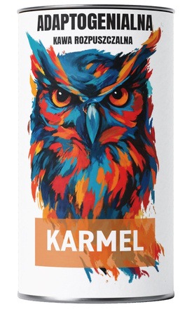 Puszka kawy rozpuszczalnej Adaptogenialna Karmel z grafiką sowy w odcieniach niebieskiego, pomarańczowego i czerwonego na białym tle. Produkt dla biura lub domu.