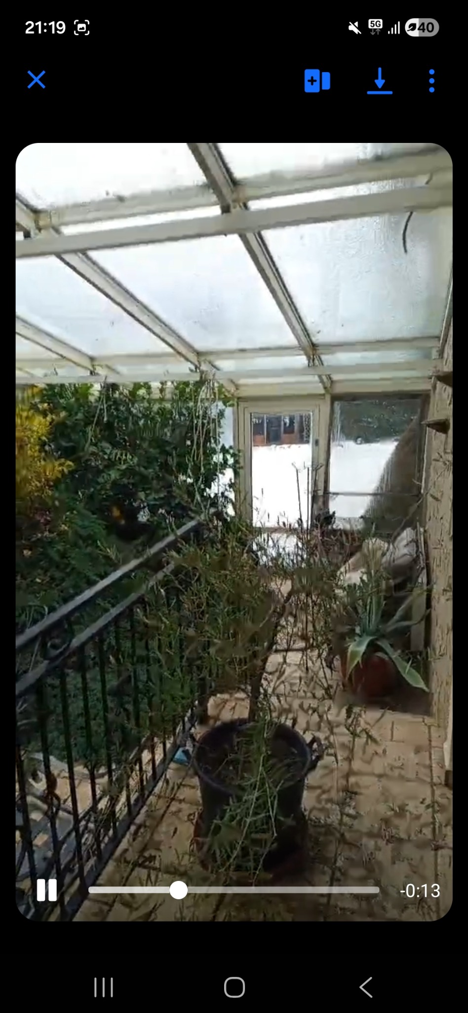 Zadaszony taras z roślinami w donicach i widokiem na zieleń. Metalowa balustrada i przeszklony dach. Kamienna podłoga tarasu. Rośliny wymagają pielęgnacji.