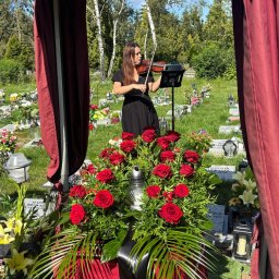 Skrzypcowe Historie - Skrzypaczka w czarnej sukience gra na cmentarzu, na tle nagrobków i zieleni, z bukietem czerwonych róż na pierwszym planie. Uroczystość pogrzebowa.