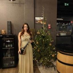 Skrzypcowe Historie - Kobieta w sukni trzymająca elektryczne skrzypce, obok choinki z lampkami, w tle barek z winami i beczka. Klimat świąteczny, eventowy.