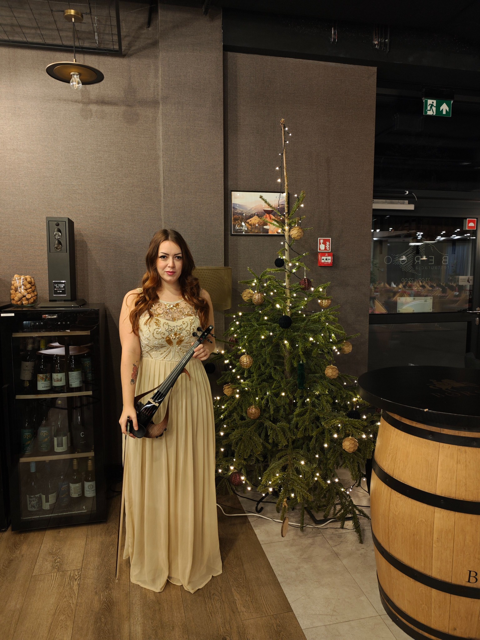 Kobieta w sukni trzymająca elektryczne skrzypce, obok choinki z lampkami, w tle barek z winami i beczka. Klimat świąteczny, eventowy.