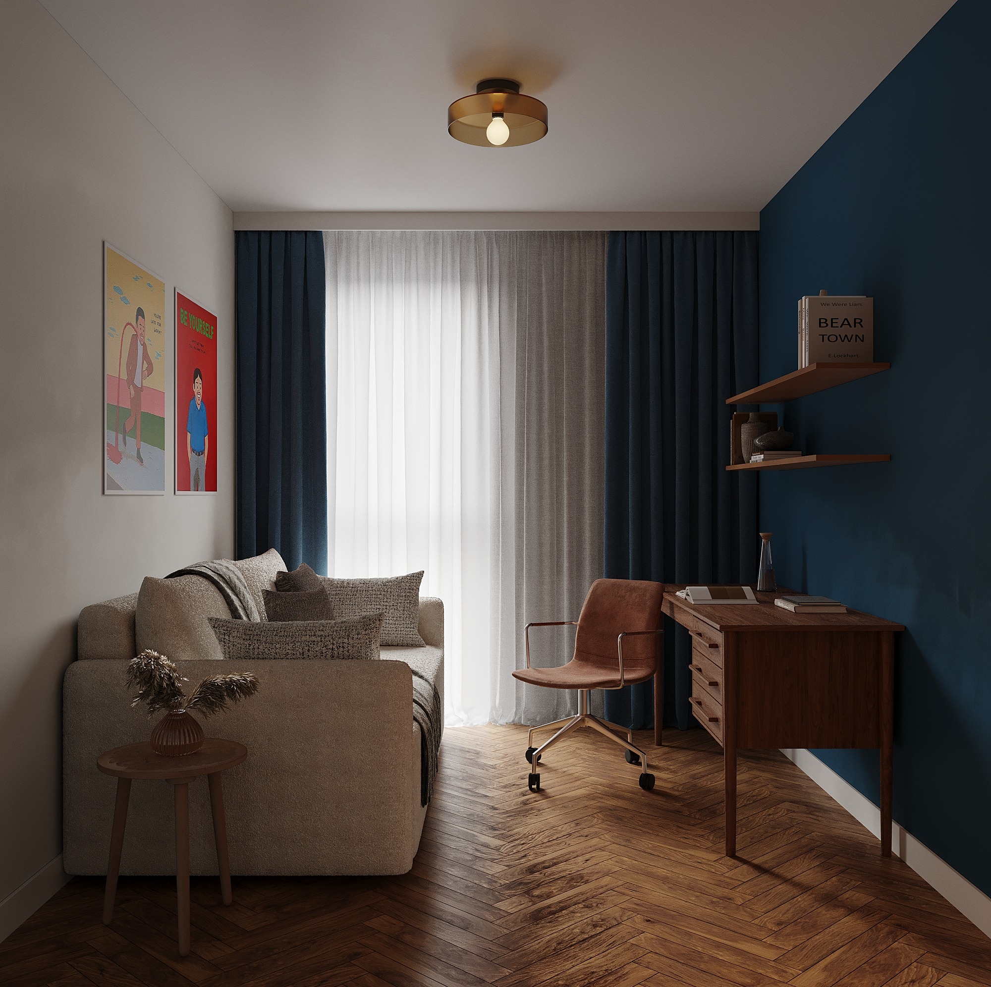 Stylowy pokój z sofą, biurkiem i dekoracjami. Ciemne zasłony i drewniana podłoga w jodełkę. Akcent kolorystyczny: granatowa ściana z półkami i książkami.