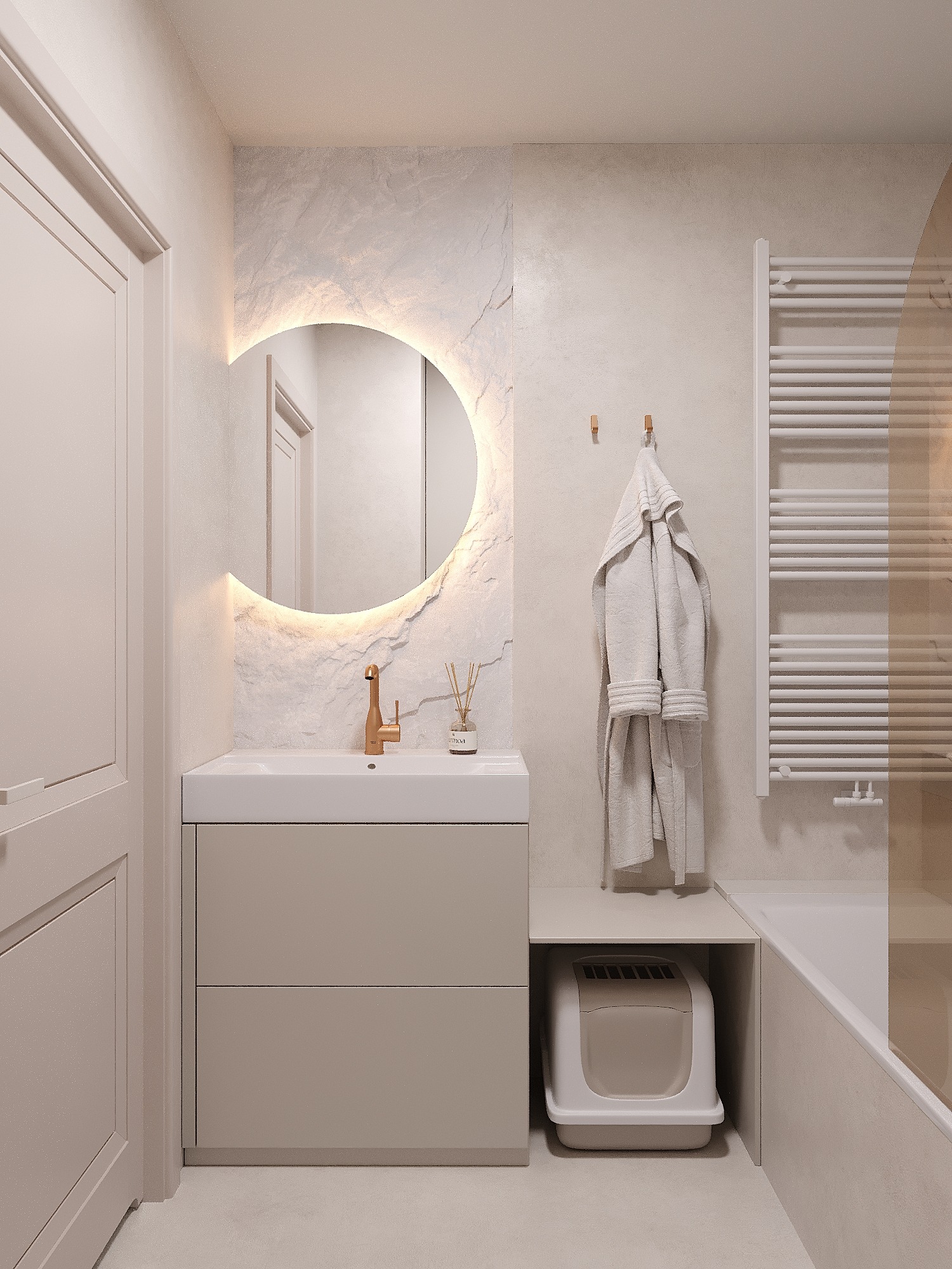 Jasna łazienka z owalnym lustrem podświetlonym LED, beżowa szafka z umywalką, grzejnik drabinkowy i szlafrok na wieszaku. Minimalistyczny design z elementami dekoracyjnymi.