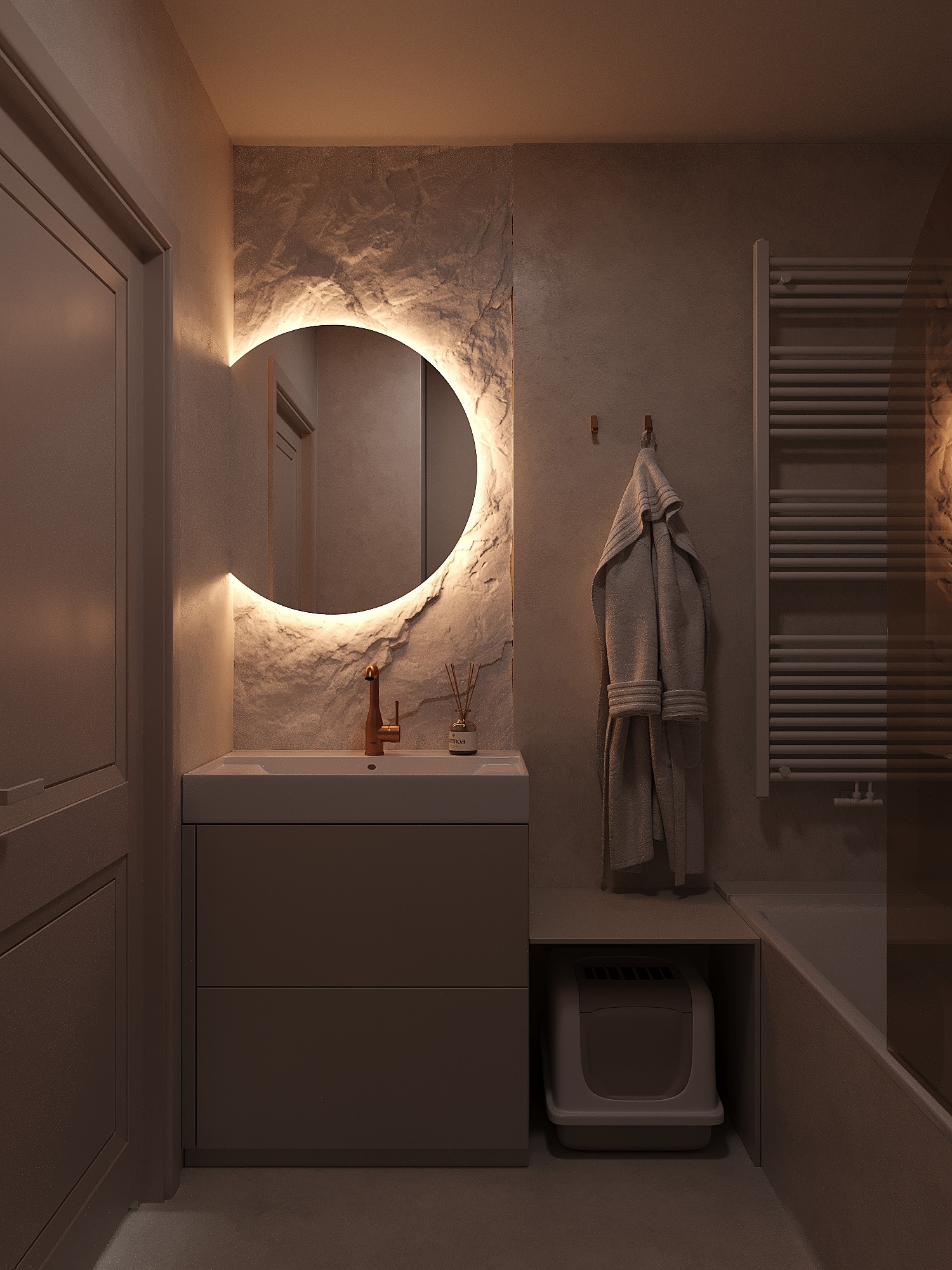 Nowoczesna łazienka z owalnym lustrem podświetlanym LED, umywalką nablatową i beżową kolorystyką. Widoczny grzejnik drabinkowy i szary szlafrok na wieszaku.