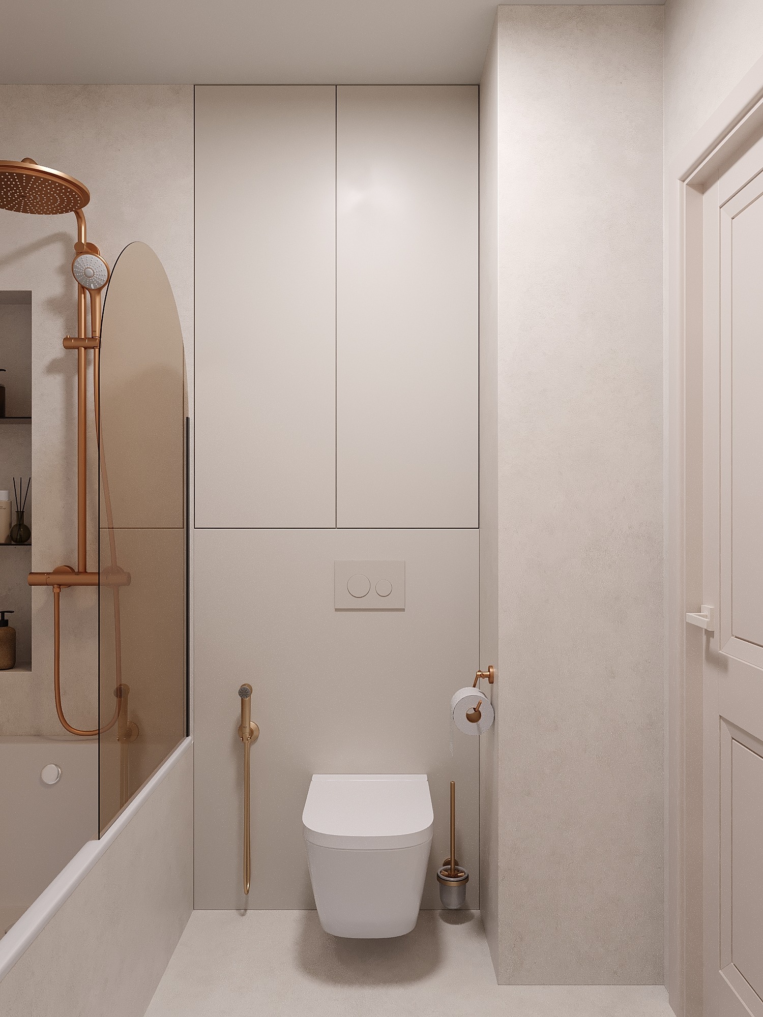 Minimalistyczna łazienka w beżach z akcentami miedzianego złota: deszczownica, armatura, uchwyt na papier toaletowy. Wisząca toaleta i zabudowa nad nią.