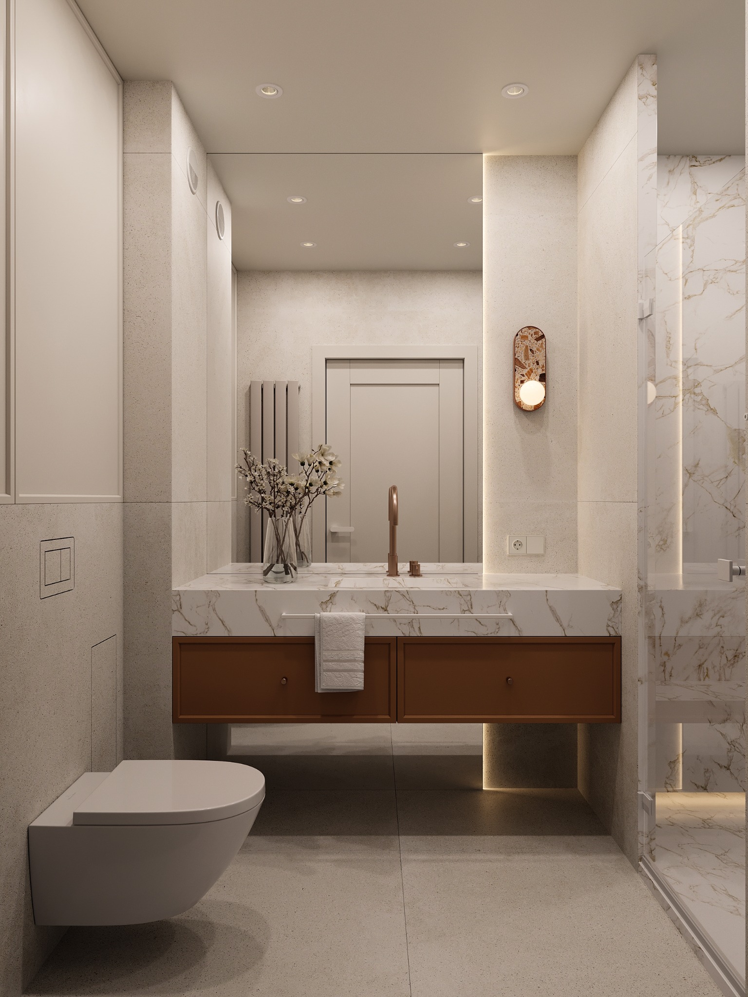 Elegancka łazienka z marmurową umywalką, drewnianą szafką i szklaną kabiną prysznicową. Minimalistyczny design, ciepłe oświetlenie i kwiaty w wazonie.