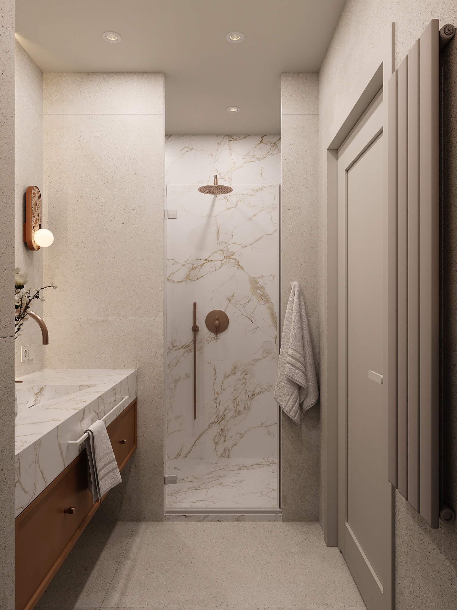 Elegancka łazienka z marmurowym wykończeniem, kabiną prysznicową typu walk-in i miedzianą armaturą. Minimalistyczny design, ciepłe oświetlenie, nowoczesny grzejnik.