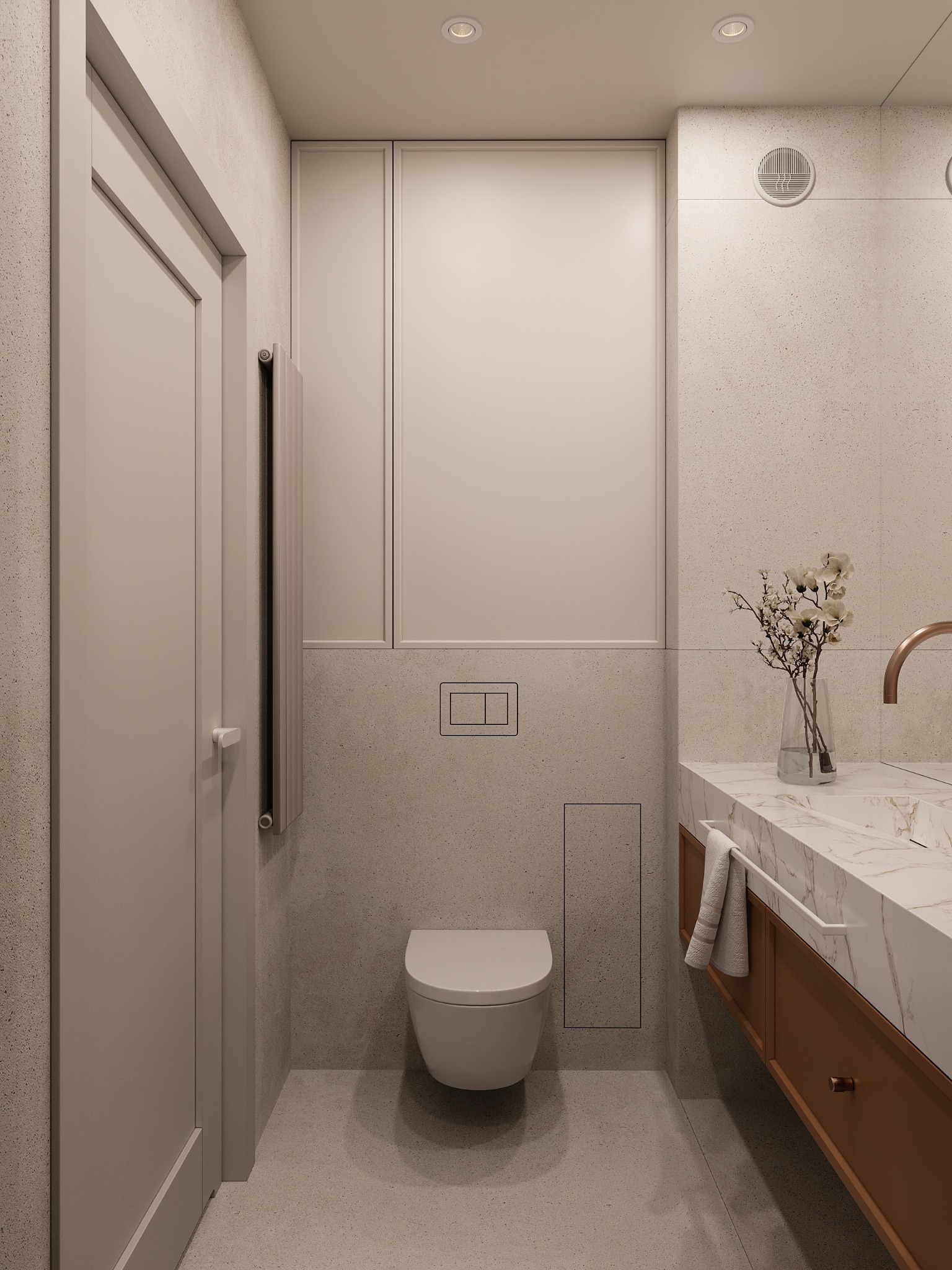 Nowoczesna łazienka w beżach: minimalistyczna toaleta, umywalka z marmurowym blatem i drewnianą szafką, kwiaty w wazonie, grzejnik drabinkowy.