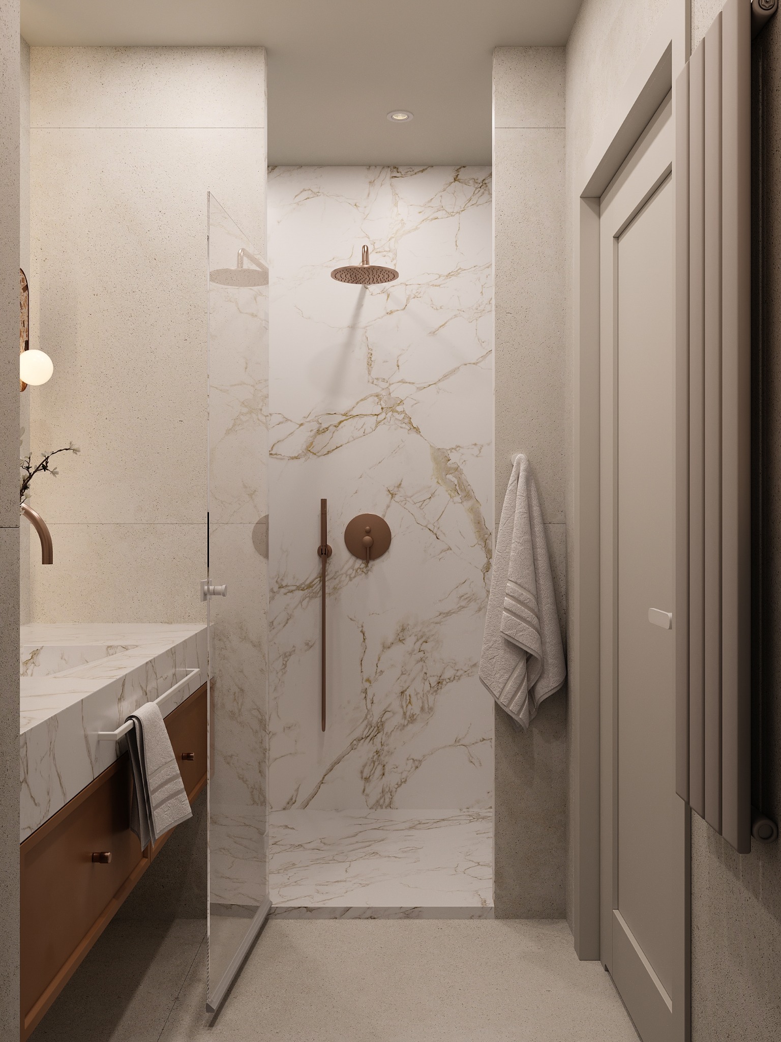Elegancka łazienka z marmurowym wykończeniem, kabiną prysznicową typu walk-in i elementami w kolorze miedzi. Minimalistyczny design z dbałością o detale.