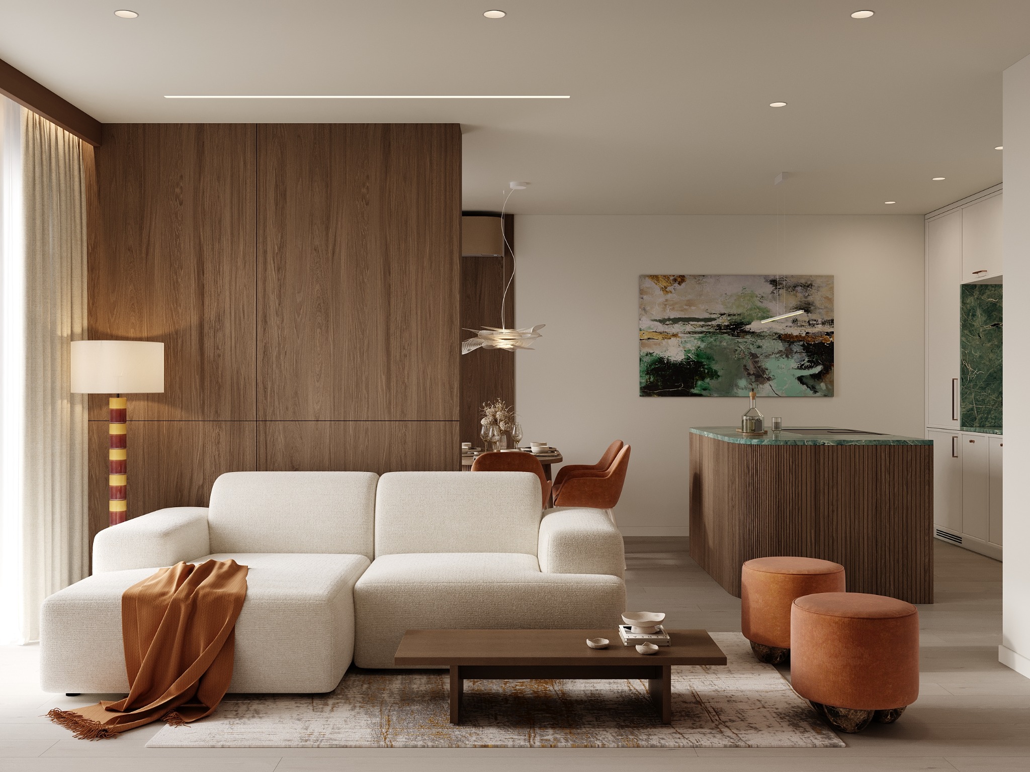 Nowoczesny salon z narożną sofą w odcieniach bieli, drewnianą ścianą i wyspą kuchenną z blatem z zielonego marmuru. Całość dopełniają pomarańczowe pufy i abstrakcyjny obraz.