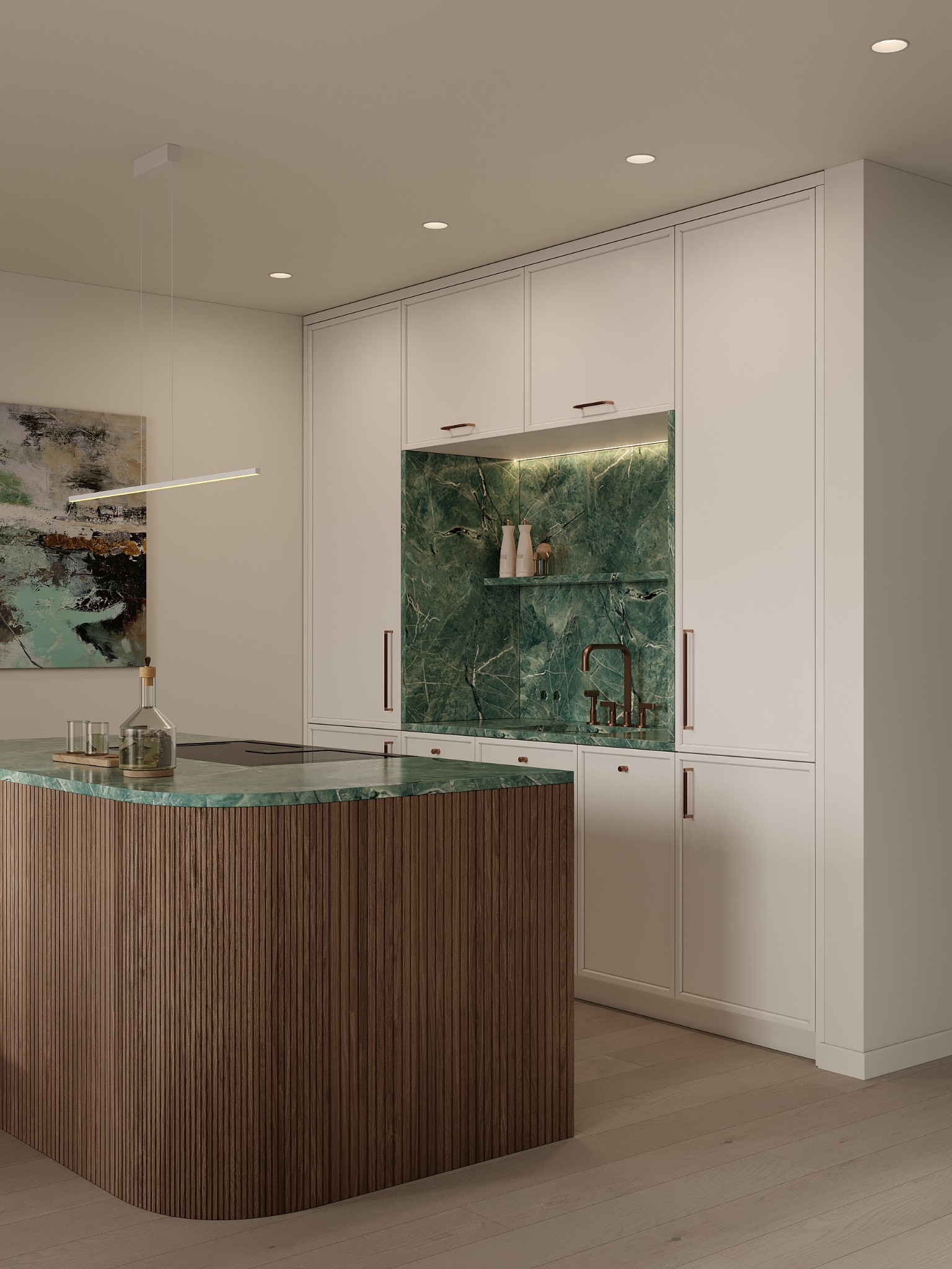 Nowoczesna kuchnia z wyspą o zielonym blacie i ryflowanym wykończeniu. Białe szafki z miedzianymi uchwytami i zielony marmur na ścianie dodają elegancji.