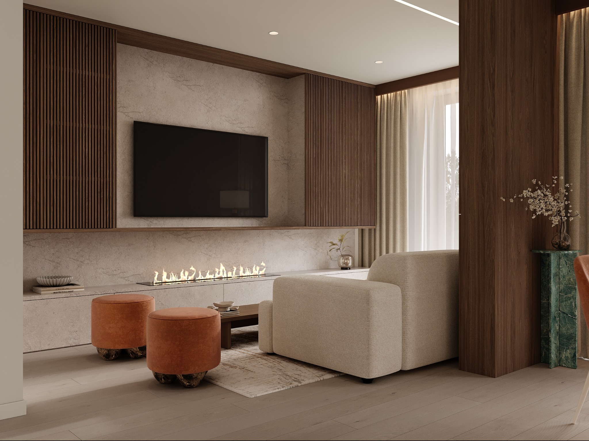 Nowoczesny salon z kominkiem, beżową sofą i pomarańczowymi pufami. Ściana z drewnianymi panelami i telewizorem. Minimalistyczny design z dbałością o detale.
