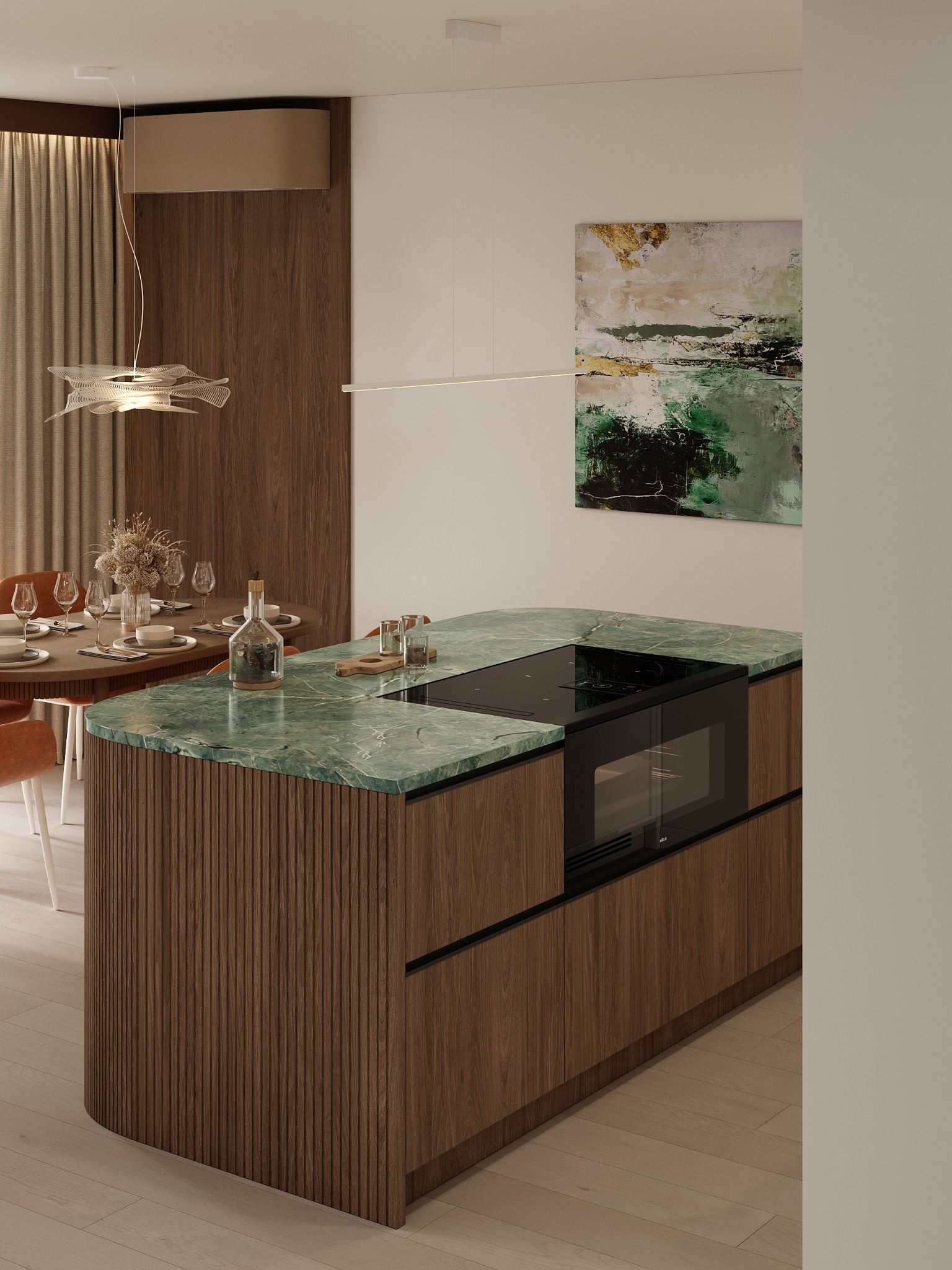 Nowoczesna kuchnia z wyspą o zielonym marmurowym blacie i drewnianym wykończeniu. Stół z nakryciem i abstrakcyjny obraz dopełniają aranżację.