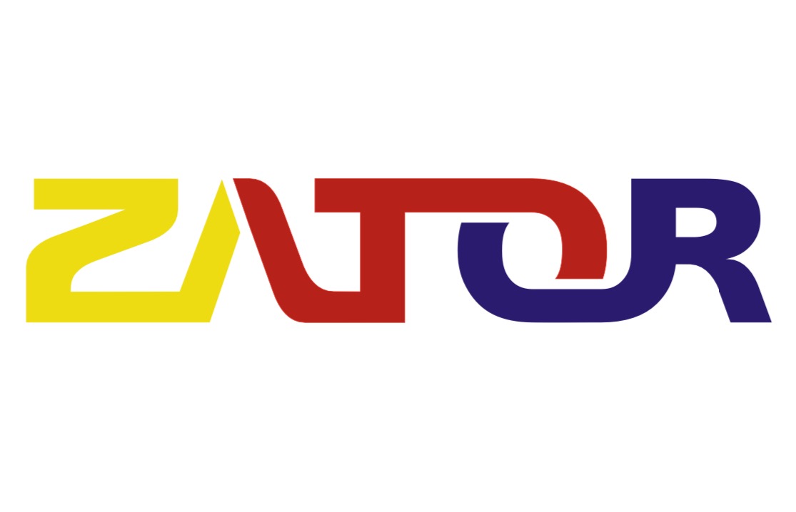 Kolorowy logotyp 'ZATOR' z charakterystycznym połączeniem liter, żółty, czerwony i granatowy na białym tle. Nowoczesny, geometryczny krój pisma.