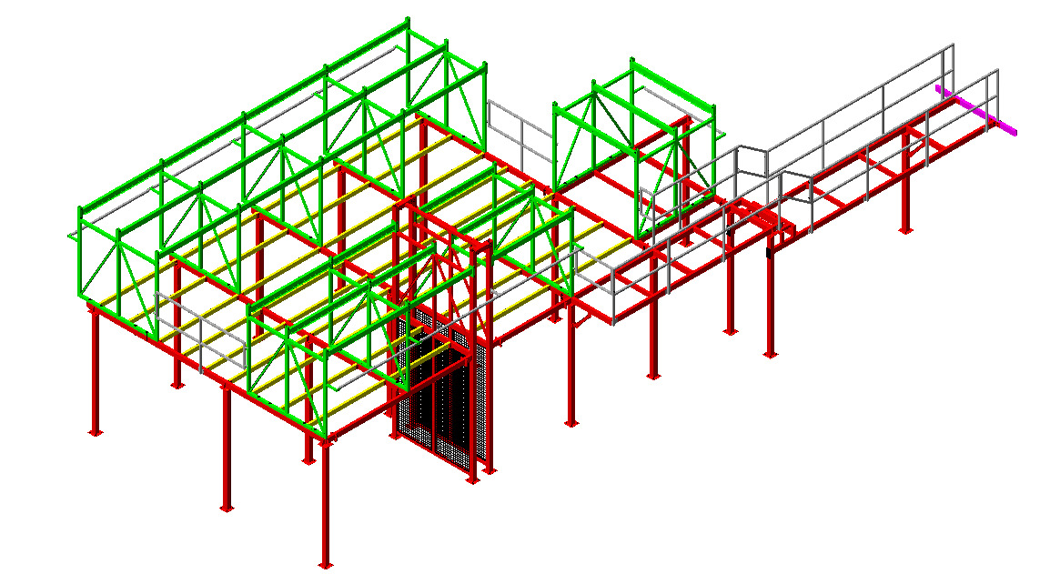 Kolorowy model 3D hali stalowej z elementami zielonymi, czerwonymi i żółtymi, prezentujący konstrukcję nośną z podestami i schodami, na białym tle.