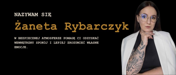 Portret kobiety w okularach i białej marynarce na czarnym tle z tekstem 'Nazywam się Żaneta Rybarczyk...pomogę Ci odzyskać wewnętrzny spokój'.