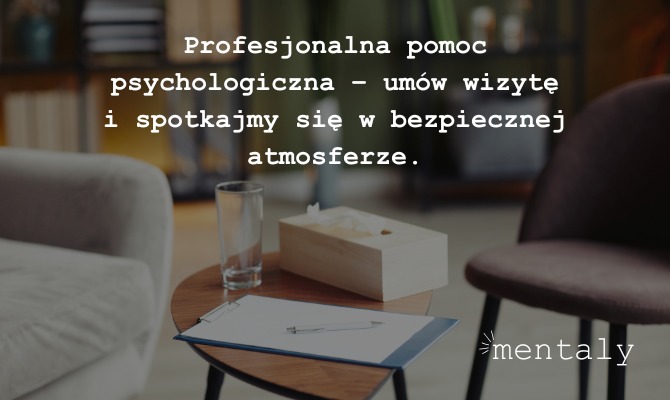 Stylowe wnętrze gabinetu: stolik z wodą, chusteczkami i notatnikiem, fotel. Tekst: Profesjonalna pomoc psychologiczna - umów wizytę w bezpiecznej atmosferze.