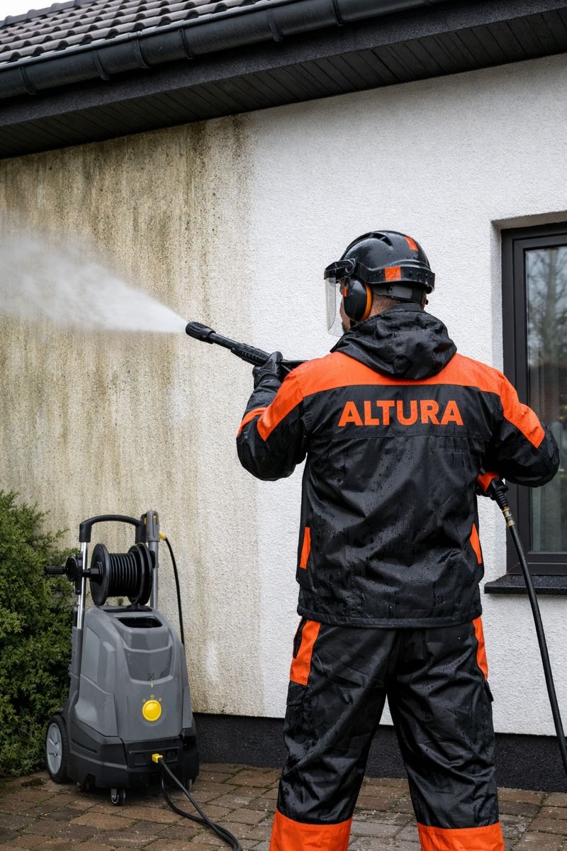 Pracownik w kombinezonie czyści elewację myjką ciśnieniową. Widoczny efekt czyszczenia: brudna i czysta część ściany. Na plecach napis ALTURA.
