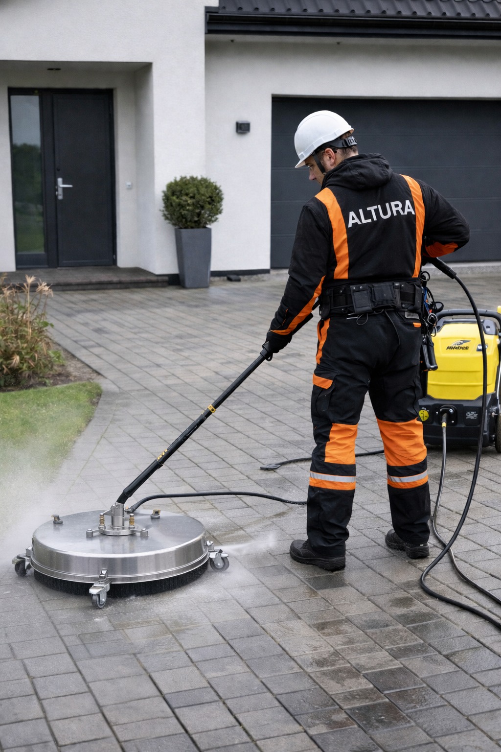 Pracownik w kombinezonie marki ALTURA czyści kostkę brukową za pomocą profesjonalnej myjki ciśnieniowej z okrągłą dyszą. Widoczny efekt czyszczenia.