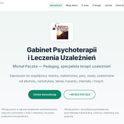 Tomasz Paczka - Strona internetowa Gabinetu Psychoterapii i Leczenia Uzależnień z menu nawigacyjnym, logo i informacjami kontaktowymi. Minimalistyczny design w odcieniach bieli i zieleni.