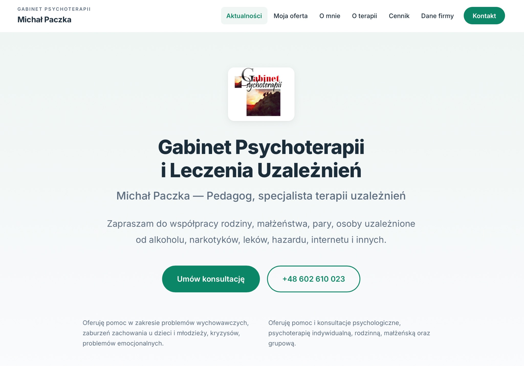 Strona internetowa Gabinetu Psychoterapii i Leczenia Uzależnień z menu nawigacyjnym, logo i informacjami kontaktowymi. Minimalistyczny design w odcieniach bieli i zieleni.