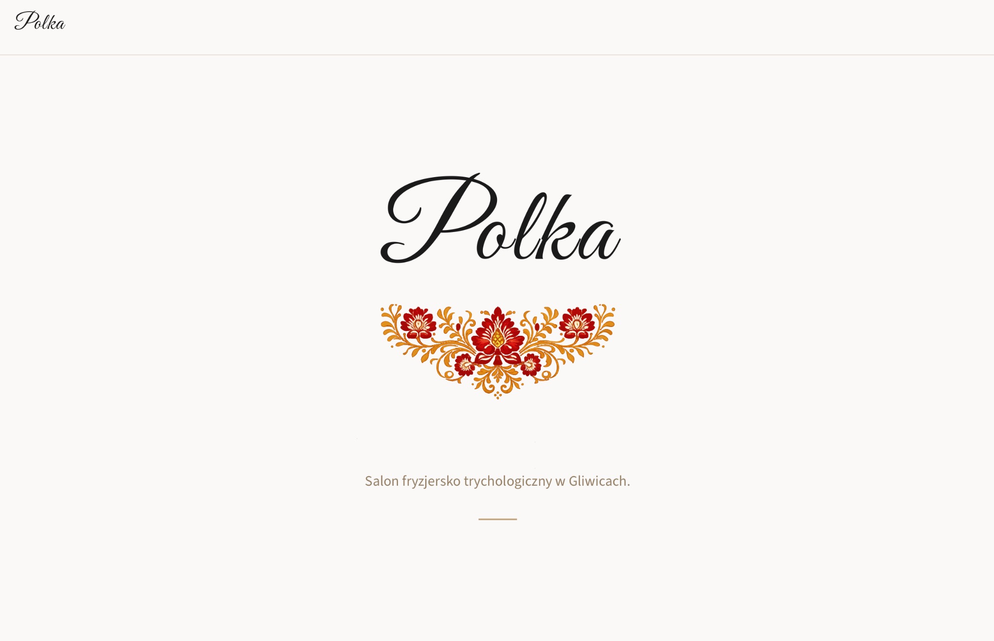 Elegancka strona internetowa salonu fryzjerskiego 'Polka' z motywem kwiatowym w kolorach czerwieni i złota na kremowym tle. Minimalistyczny design, czytelna typografia.