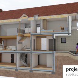 PROJEKTY DOLNY SP. Z O. O. - Przekrój 3D domu jednorodzinnego z widocznym układem pomieszczeń, schodami i elementami konstrukcyjnymi. Na zewnątrz osoba i samochód. W tle drzewa i niebo.