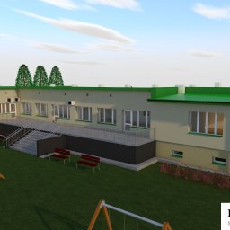 PROJEKTY DOLNY SP. Z O. O. - Wizualizacja 3D budynku przedszkola z placem zabaw, ukazująca projekt architektoniczny z zielonym dachem i beżową elewacją, prezentowana w słoneczny dzień.