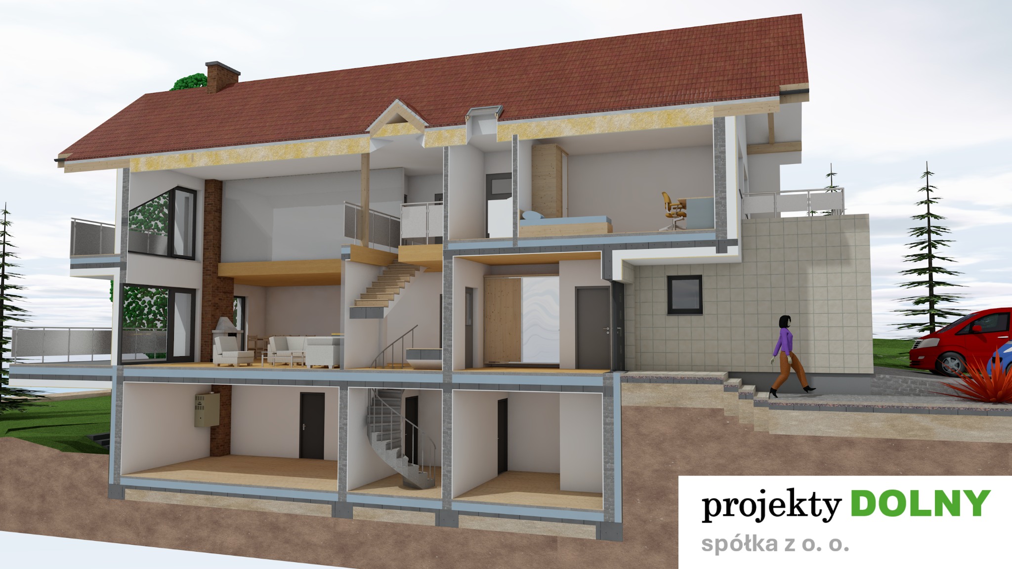 Przekrój 3D domu jednorodzinnego z widocznym układem pomieszczeń, schodami i elementami konstrukcyjnymi. Na zewnątrz osoba i samochód. W tle drzewa i niebo.