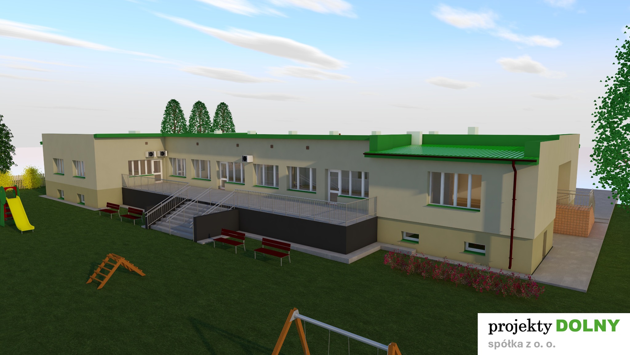Wizualizacja 3D budynku przedszkola z placem zabaw, ukazująca projekt architektoniczny z zielonym dachem i beżową elewacją, prezentowana w słoneczny dzień.