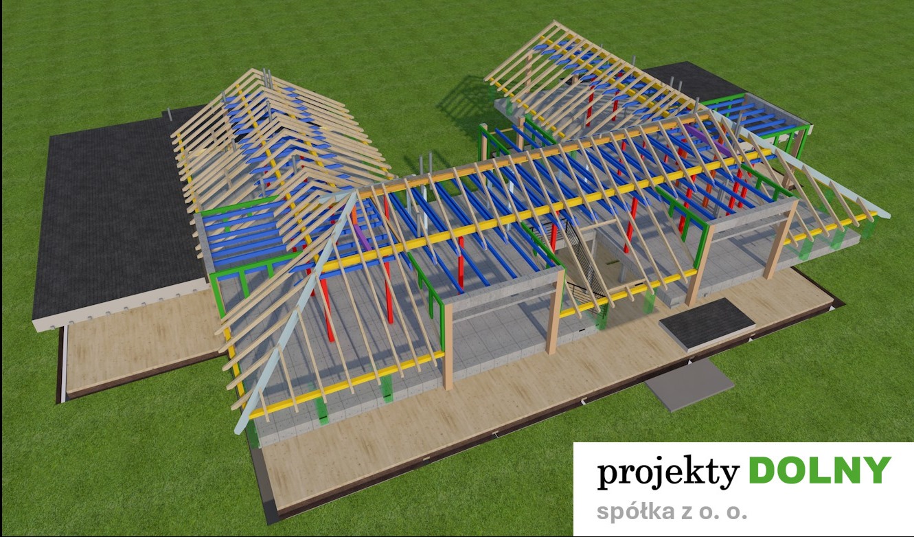 Wizualizacja 3D domu w trakcie budowy, z widoczną konstrukcją dachu i ścian. Elementy konstrukcyjne w różnych kolorach. Widok z góry, z logo firmy w rogu.