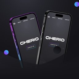 Cherio - Mateusz Czerewko - Dwa smartfony z interfejsem strony 'Cherio' na ciemnym tle. Jeden fioletowy, drugi czarny. Widoczne menu 'About', 'Services', 'Contact' i przycisk 'Contact Us'.