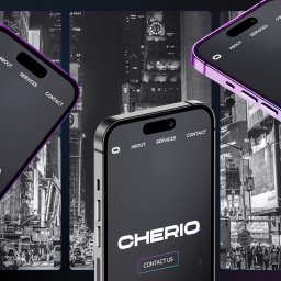 Cherio - Mateusz Czerewko - Mockup strony internetowej 'Cherio' na smartfonach z gradientowymi ramkami, na tle panoramy miasta w czerni i bieli. Prezentacja responsywnego designu.
