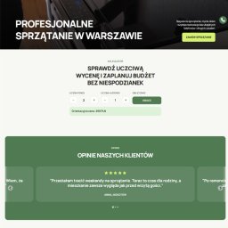 Fraktad - Strona internetowa CleanCo z kalkulatorem wyceny sprzątania, opiniami klientów i nagłówkiem 'Profesjonalne sprzątanie w Warszawie'. Widok z góry na fragment strony.