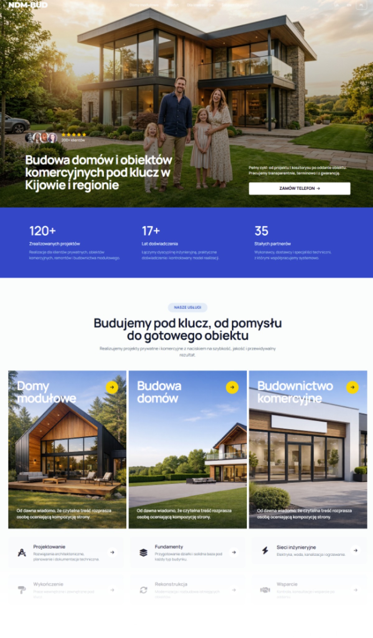 Landing page firmy budowlanej NDM-BUD: nowoczesny dom z rodziną, hasło 'Budowa domów pod klucz', liczby (120+ projektów, 17+ lat doświadczenia) i sekcje usług.