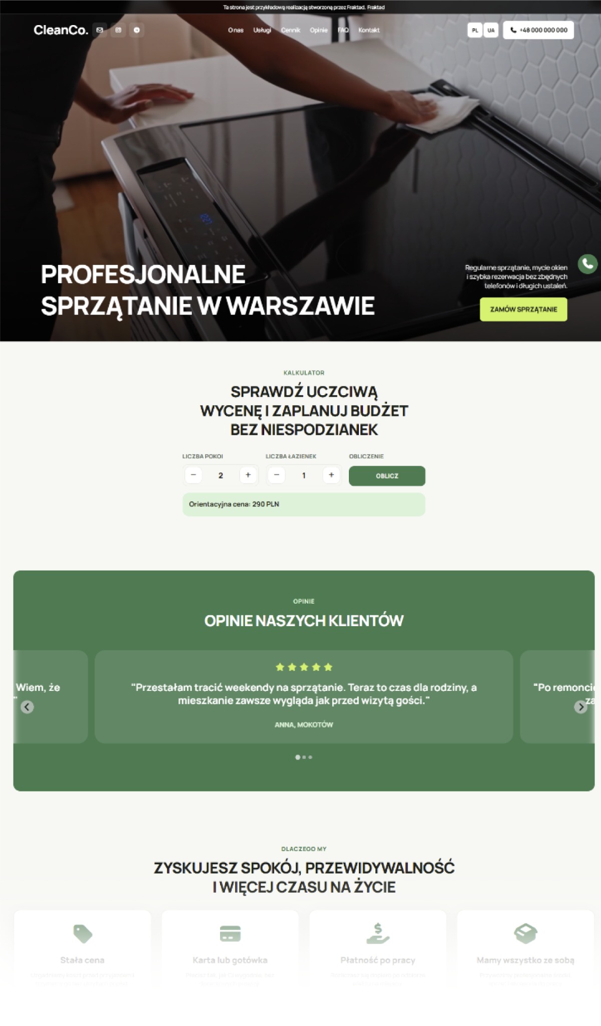 Strona internetowa CleanCo z kalkulatorem wyceny sprzątania, opiniami klientów i nagłówkiem 'Profesjonalne sprzątanie w Warszawie'. Widok z góry na fragment strony.