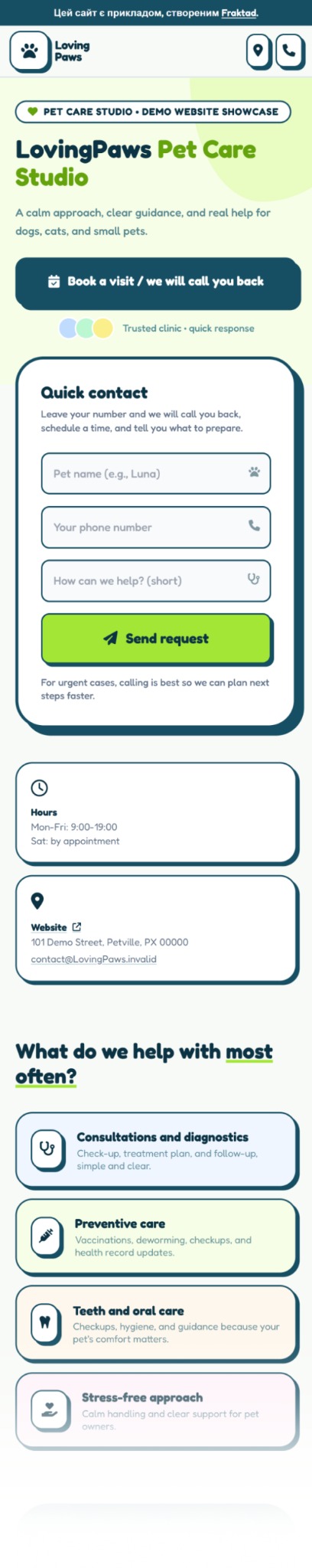 Responsywny design strony www dla LovingPaws Pet Care Studio z Warszawy. Układ mobile-first, prostota, szybki kontakt i przejrzysty układ usług dla zwierząt.