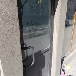 Jaroslav Dvoran - Mycie Okien Bydgoszcz - Szklane drzwi wejściowe do 'Galerii Piękna' z naklejonym logo 'Eveline Aesthetic Practitioner', widoczne odbicie ulicy i numer 5 nad wejściem.