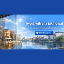 Jaroslav Dvoran - Mycie Okien Bydgoszcz - Witraż z widokiem na miasto po jednej stronie i zabrudzony po drugiej, z tekstem reklamowym i przyciskiem 'Skontaktuj się'.