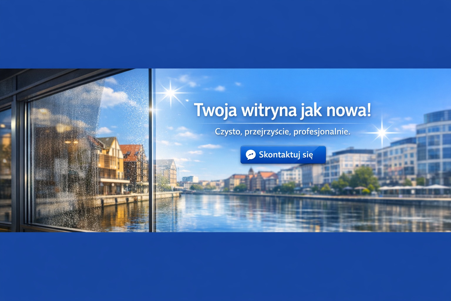 Witraż z widokiem na miasto po jednej stronie i zabrudzony po drugiej, z tekstem reklamowym i przyciskiem 'Skontaktuj się'.