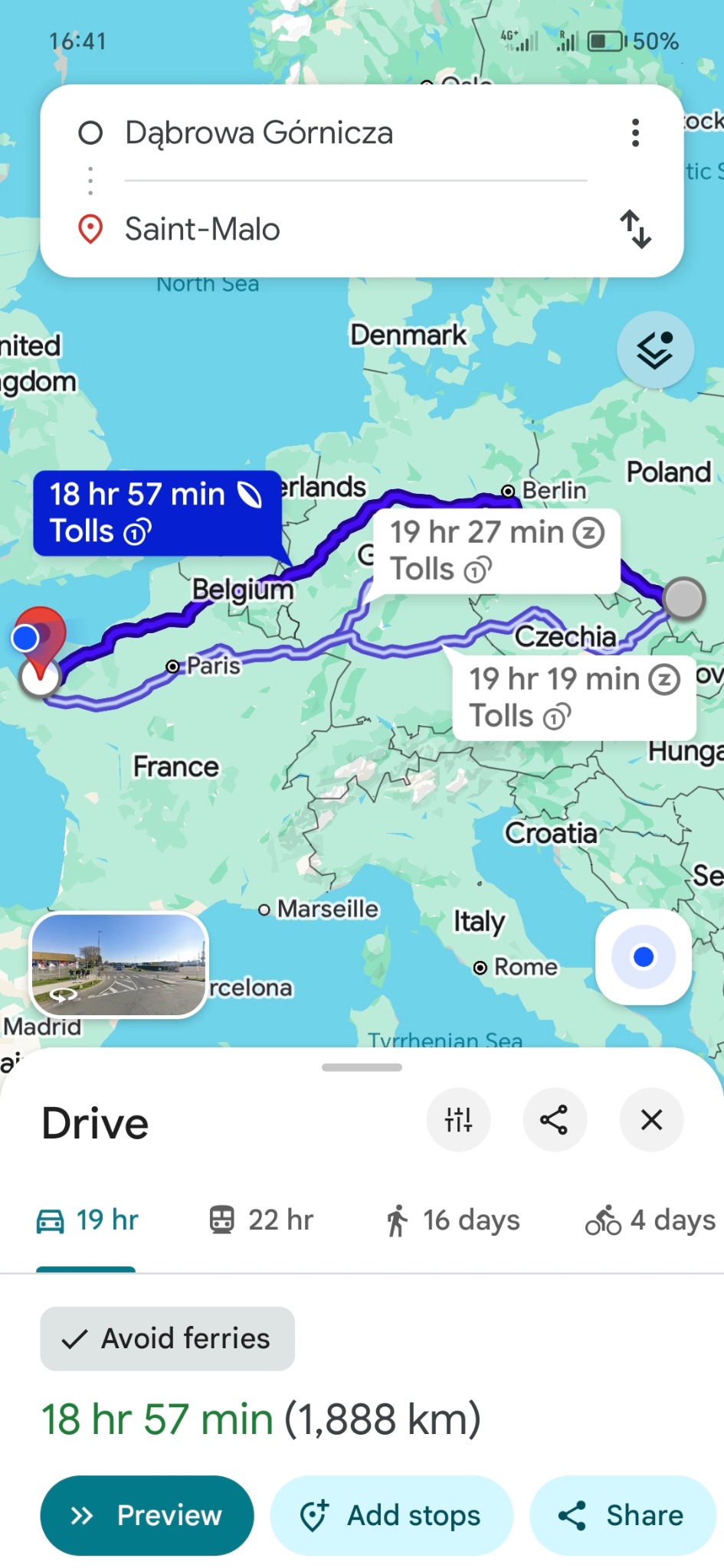 Mapa trasy z Dąbrowy Górniczej do Saint-Malo z zaznaczonymi punktami i czasem przejazdu. Widok z aplikacji Google Maps na telefonie.