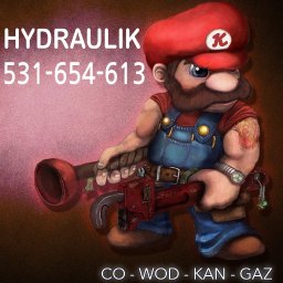 Niko - Ilustracja hydraulika w stylu Mario z numerem telefonu i zakresem usług CO-WOD-KAN-GAZ. Postać z kluczem francuskim i przepychaczem, tatuaż na ramieniu.