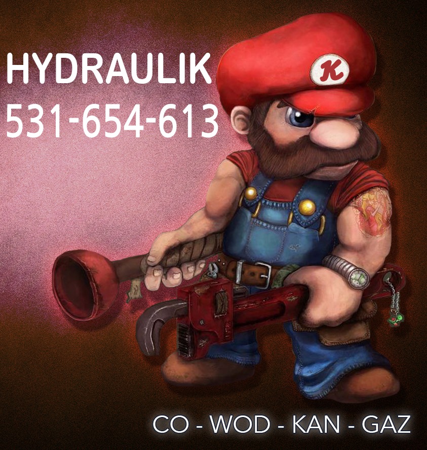 Ilustracja hydraulika w stylu Mario z numerem telefonu i zakresem usług CO-WOD-KAN-GAZ. Postać z kluczem francuskim i przepychaczem, tatuaż na ramieniu.