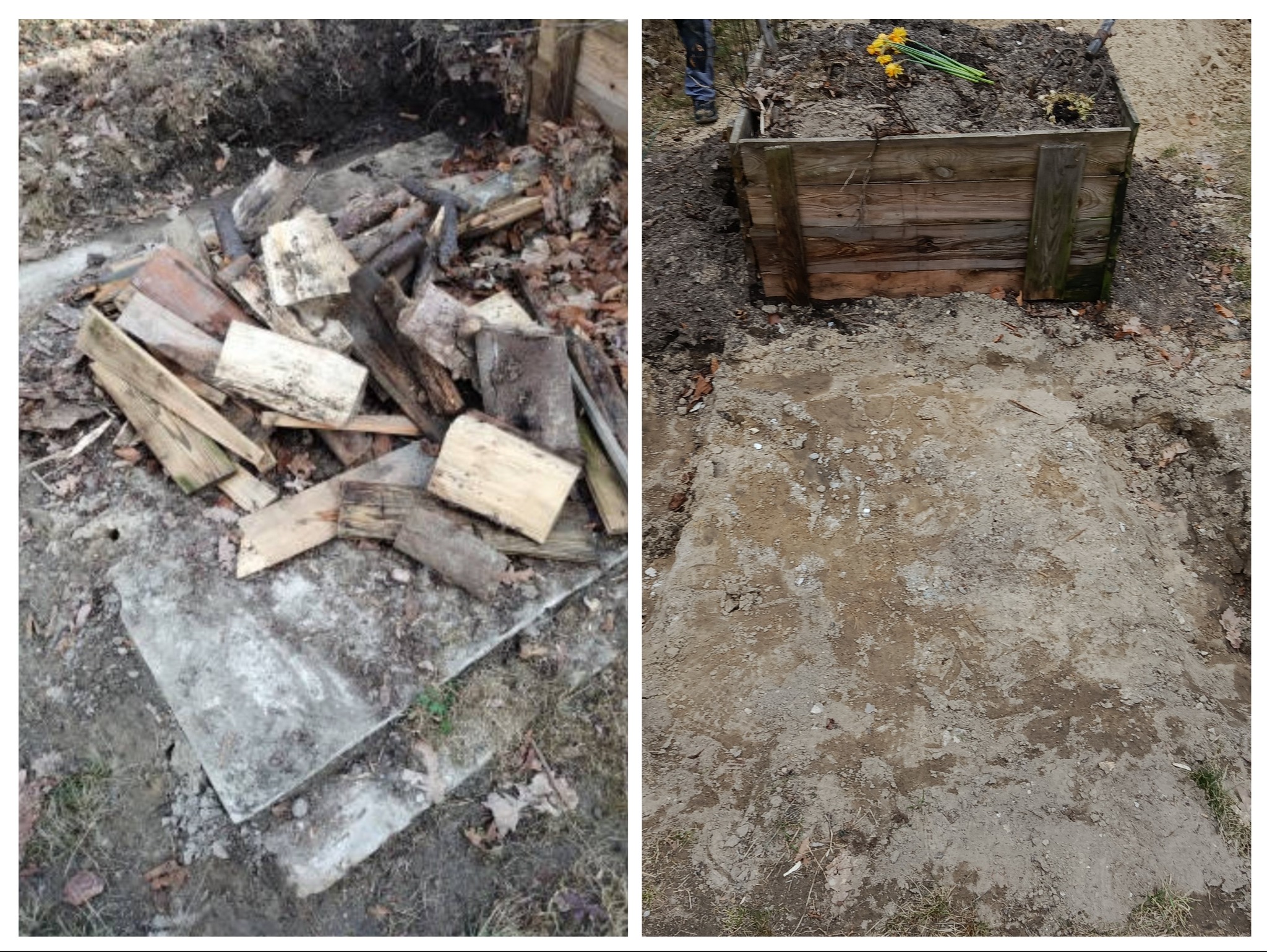 Zdjęcie typu 'przed i po' przedstawia teren: po lewej z gruzem i drewnem, po prawej oczyszczony, z drewnianą skrzynią i kwiatami. Widoczne ślady po wywozie.