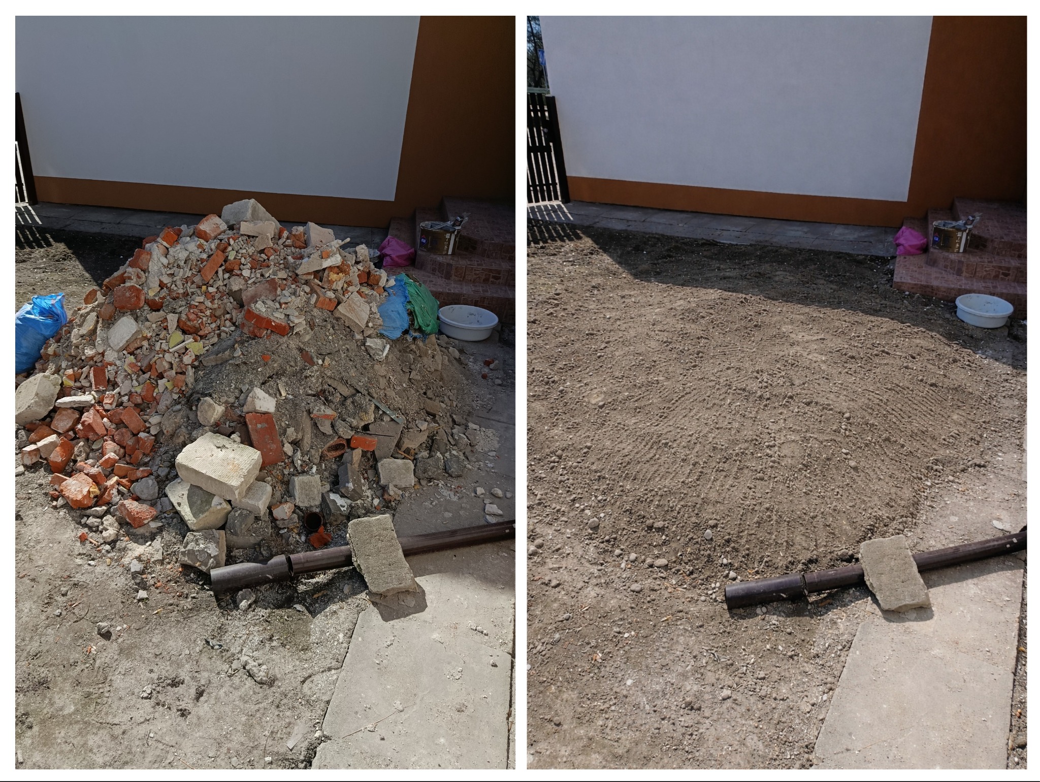 Zdjęcie 'przed i po' wywozu gruzu: po lewej sterta gruzu i cegieł, po prawej oczyszczony teren z widocznymi śladami po gruzie. Widoczne fragmenty budynku w tle.