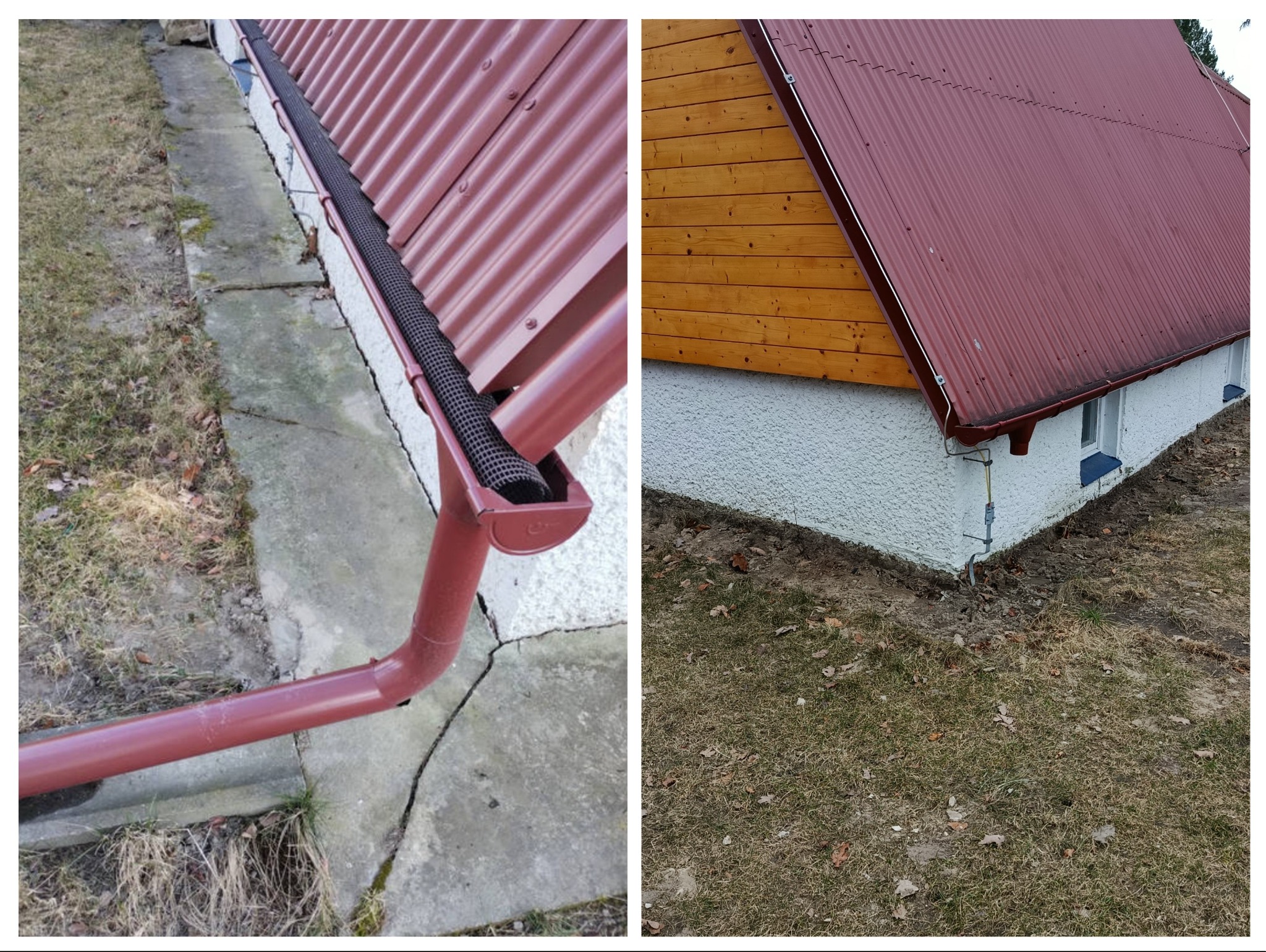 Dwa ujęcia domu z bliska: rynna z siatką zabezpieczającą przed liśćmi i fragment elewacji z drewnianym wykończeniem. Czerwona blacha falista na dachu.