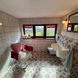PUDOX - Jasna łazienka z oknem na krajobraz. Wnętrze zdobi wiklinowy fotel z czerwoną poduszką i ręcznikiem. Na ścianach i podłodze wzorzyste płytki w stylu retro.