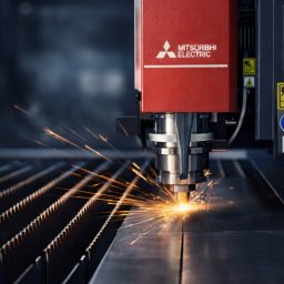 AGRO ZONE Łukasz Warda - Precyzyjna obróbka metalu: Automat z logo Mitsubishi Electric tnie arkusz, iskry rozbłyskują. Widoczne oznaczenia bezpieczeństwa na maszynie.