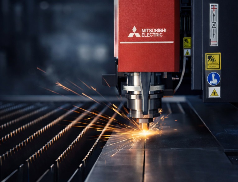 Precyzyjna obróbka metalu: Automat z logo Mitsubishi Electric tnie arkusz, iskry rozbłyskują. Widoczne oznaczenia bezpieczeństwa na maszynie.
