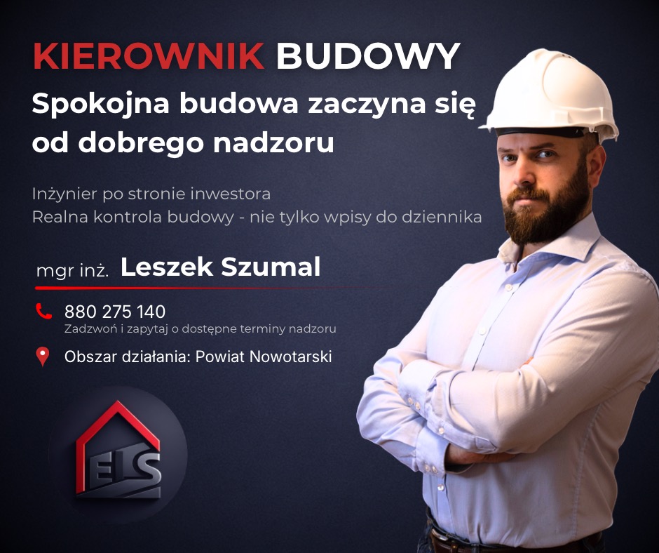 Kierownik budowy Leszek Szumal w kasku. Inżynier po stronie inwestora oferuje realną kontrolę budowy w powiecie Nowotarskim. Kontakt: 880 275 140.